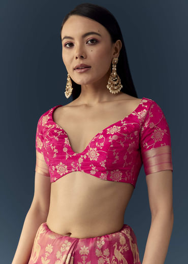 Rani Pink Zari Weave Saree with Brocade Blouse Fabric