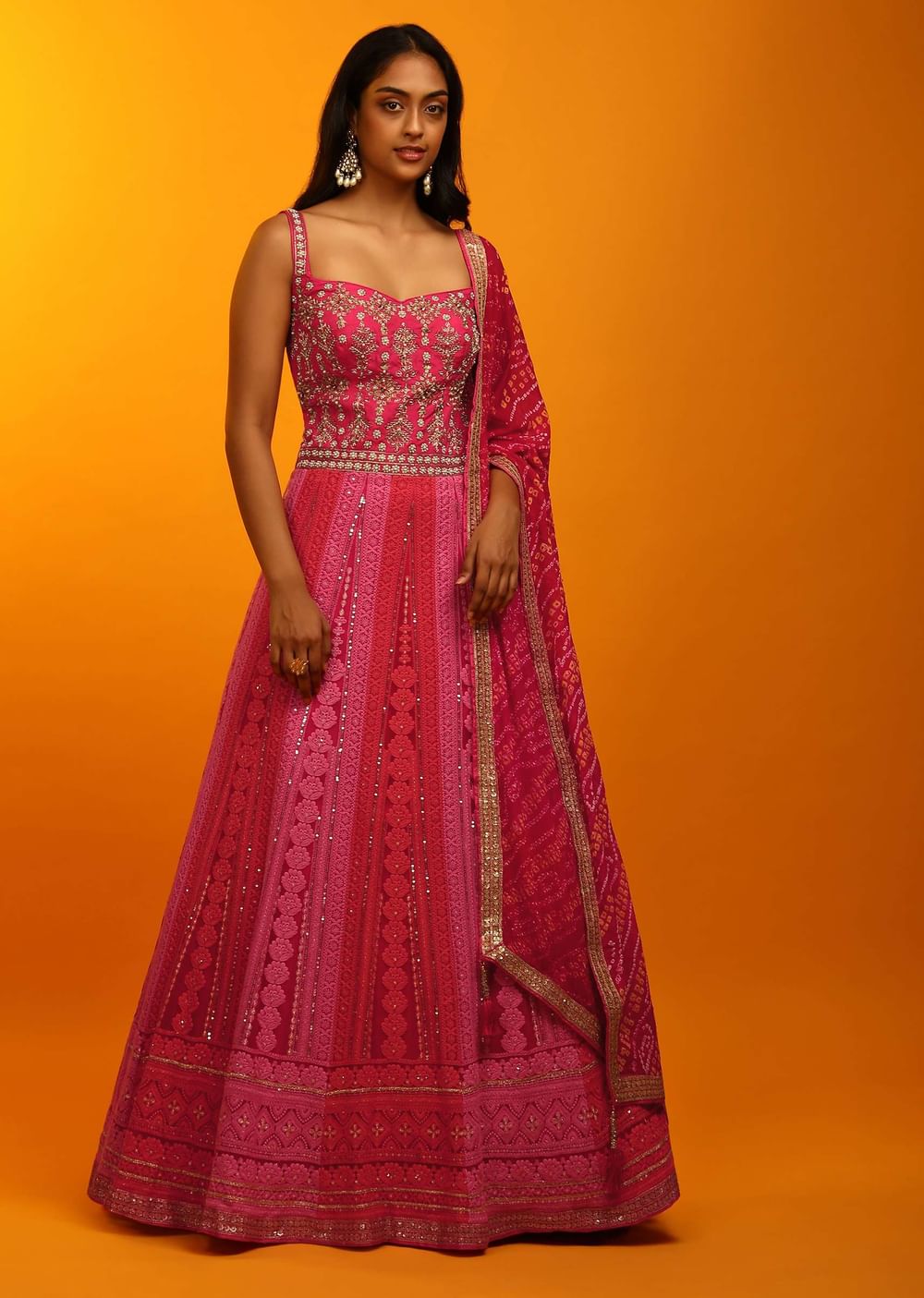 Rani Pink And Red Panel Anarkali Suit With Lucknowi Thread Embroidered Ethnic Kalis And Bandhani Dupatta