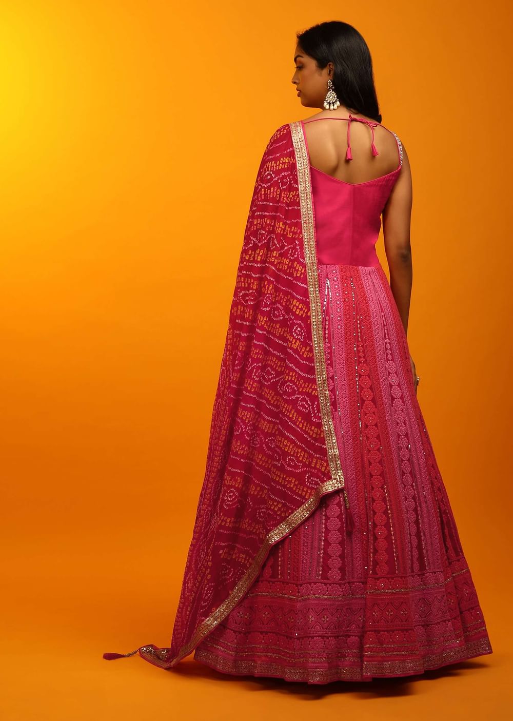 Rani Pink And Red Panel Anarkali Suit With Lucknowi Thread Embroidered Ethnic Kalis And Bandhani Dupatta