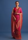 Rani Pink Banarasi Bandhani Satin Saree With Brocade Motifs On Border