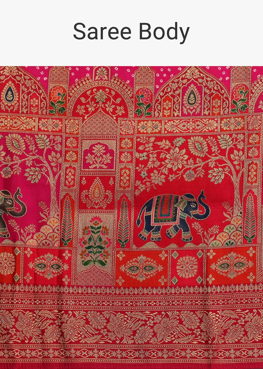 Rani Pink Banarasi Bandhani Satin Saree With Brocade Motifs On Border