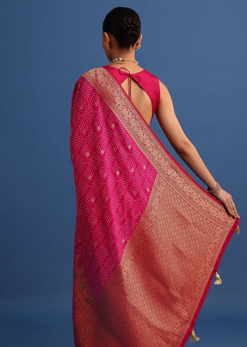Rani Pink Banarasi Bandhani Satin Saree With Brocade Motifs On Border