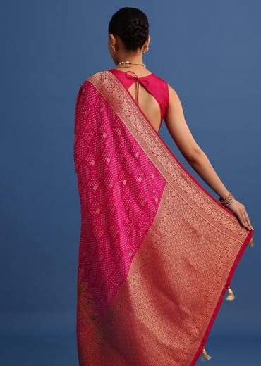 Rani Pink Banarasi Bandhani Satin Saree With Brocade Motifs On Border