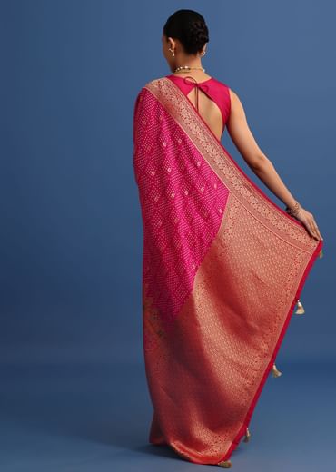 Rani Pink Banarasi Bandhani Satin Saree With Brocade Motifs On Border