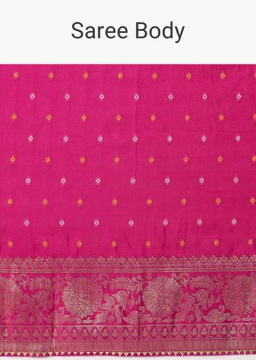 Rani Pink Banarasi Saree With Bandhani Buttis And Unstitched Blouse Piece