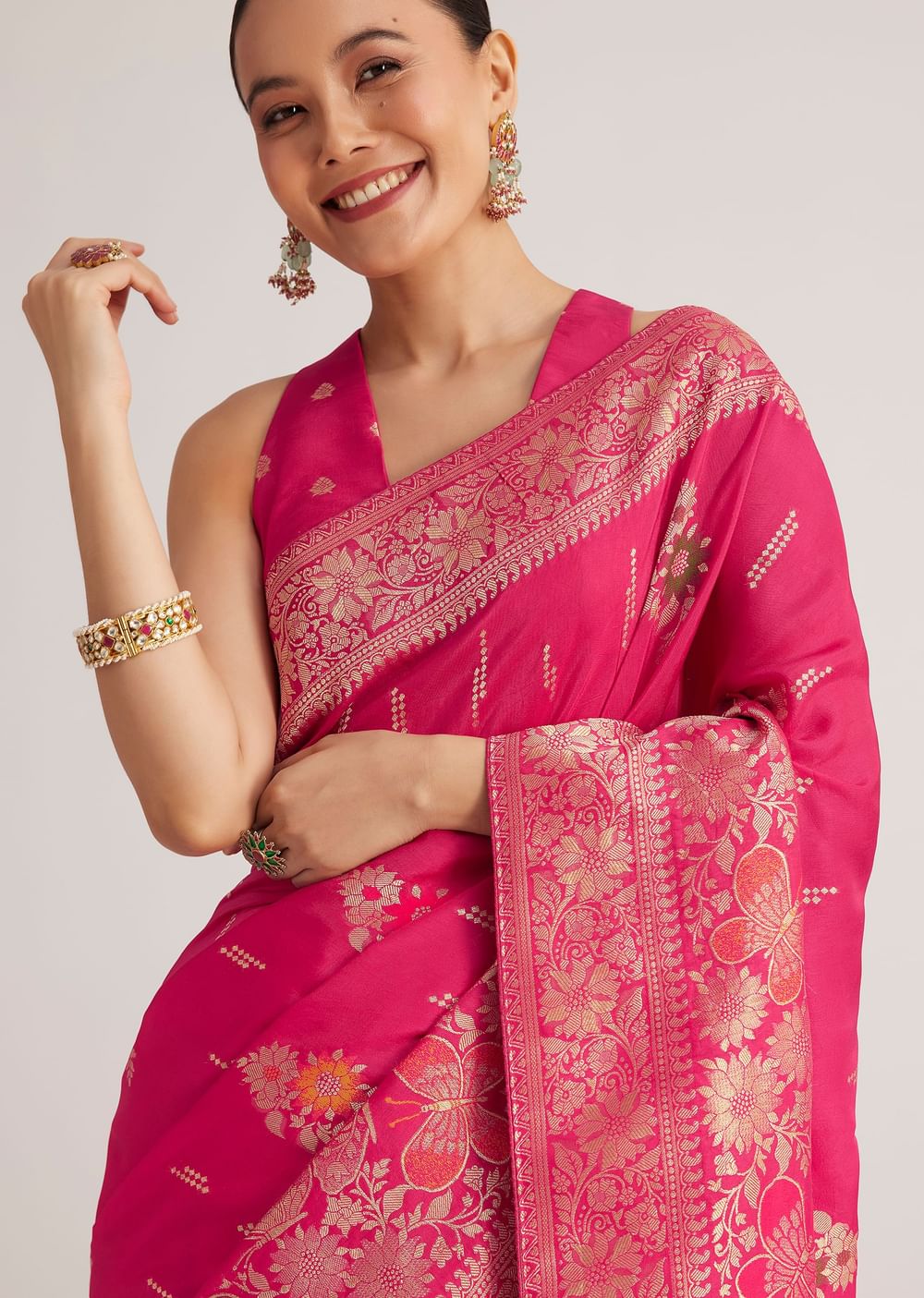 Rani Pink Dola Silk Saree With Zari Woven Detailing