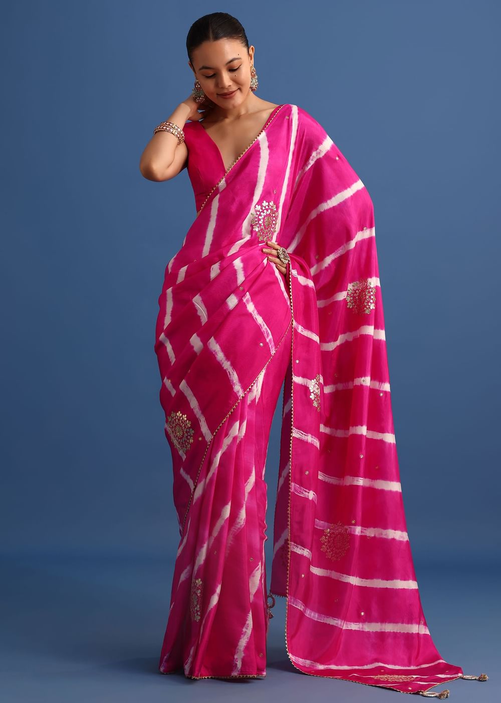 Rani Pink Hand Dyed Lehriya Silk Saree With Gota Patti Work