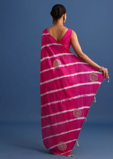 Rani Pink Hand Dyed Lehriya Silk Saree With Gota Patti Work
