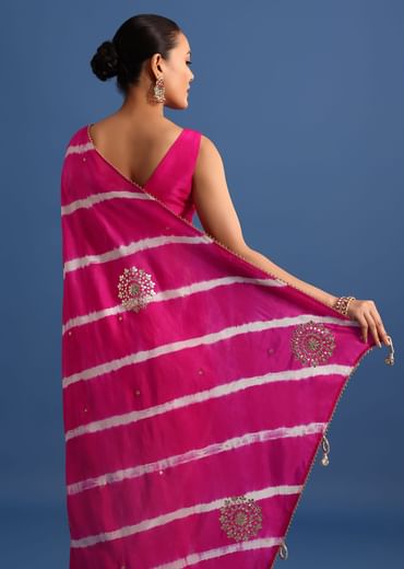 Rani Pink Hand Dyed Lehriya Silk Saree With Gota Patti Work