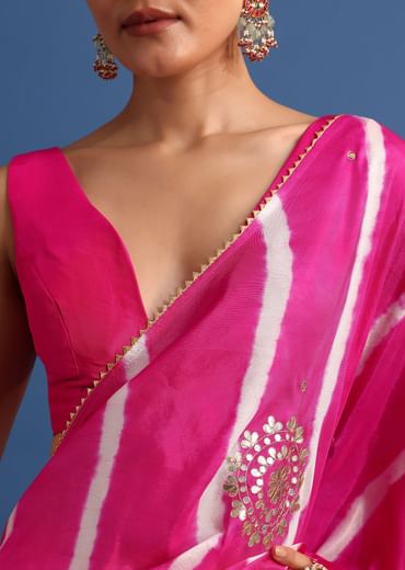 Rani Pink Hand Dyed Lehriya Silk Saree With Gota Patti Work