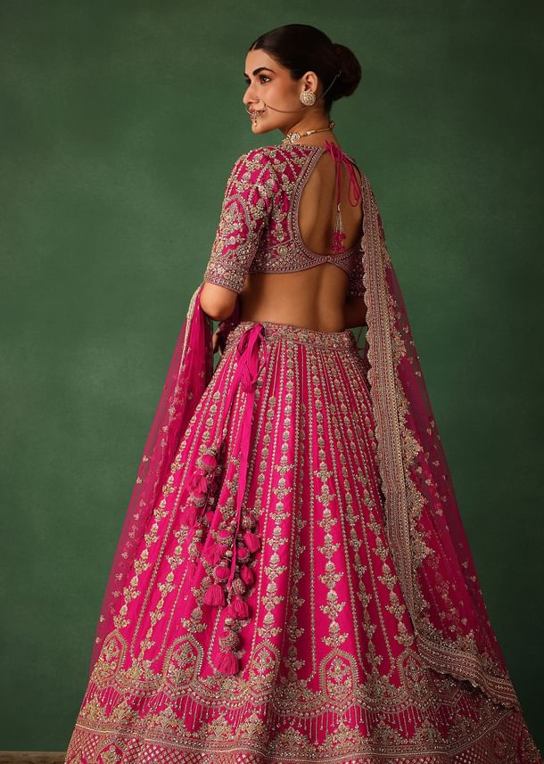 Rani Pink Hand Embroidered Lehenga With Blouse And Dupatta