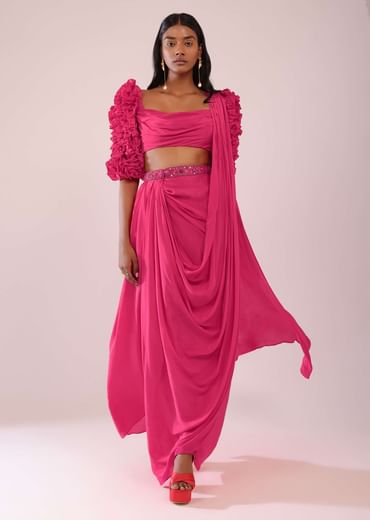 Rani Pink Drape Saree With Fancy Blouse In Crepe