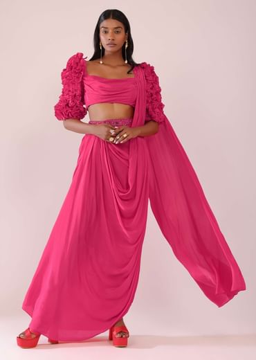 Rani Pink Drape Saree With Fancy Blouse In Crepe