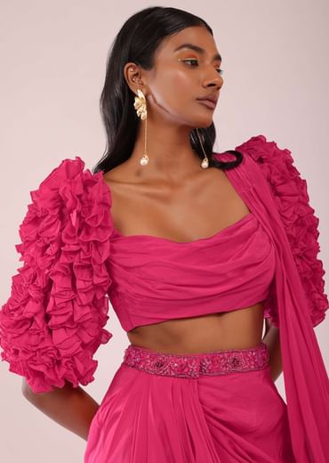 Rani Pink Drape Saree With Fancy Blouse In Crepe