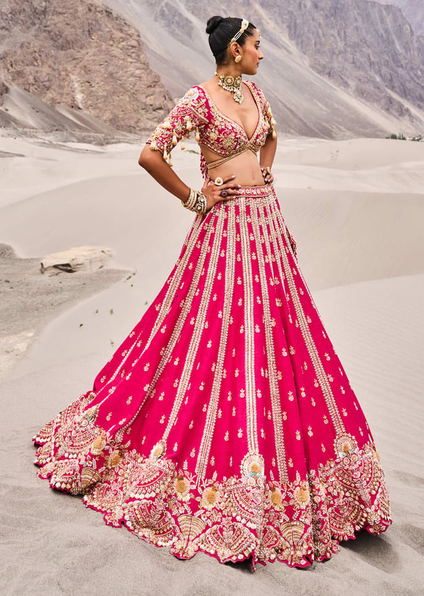 Rani Pink Heavy Embroidered Bridal Lehenga With Two Dupattas