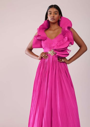 Rani Pink Indo-Western Crepe Gown With Patchwork On The Neckline