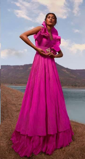 Rani Pink Indo-Western Crepe Gown With Patchwork On The Neckline
