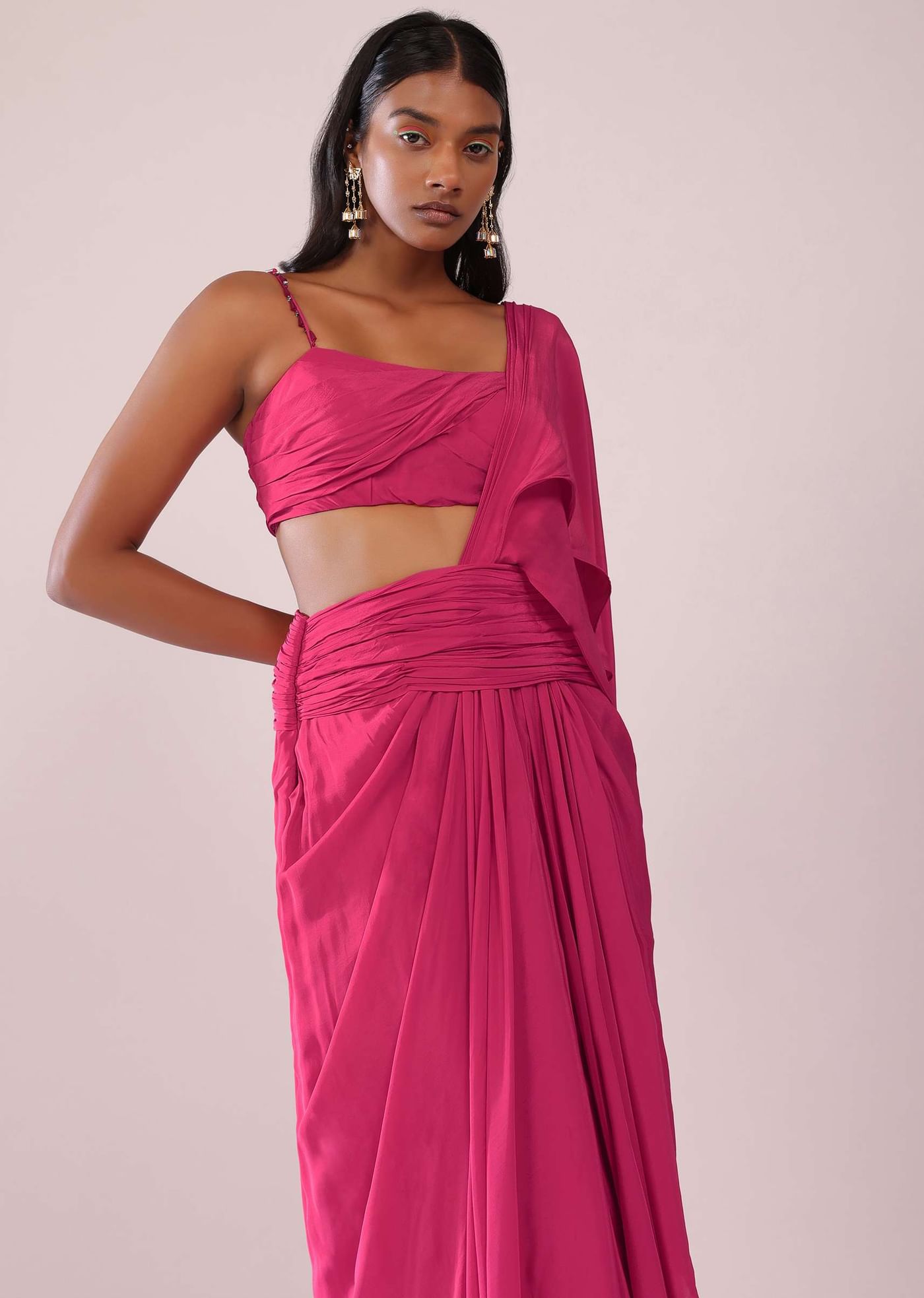 Rani Pink Crepe Drape Saree And Blouse With Crystal Detailing On the Strap