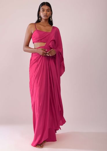 Rani Pink Crepe Drape Saree And Blouse With Crystal Detailing On the Strap