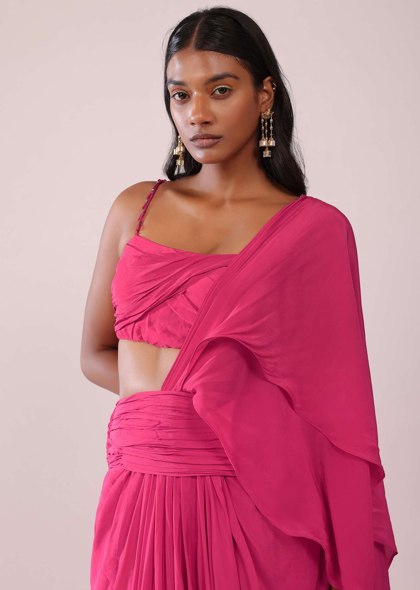 Rani Pink Crepe Drape Saree And Blouse With Crystal Detailing On the Strap