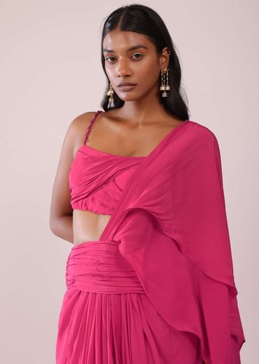 Rani Pink Crepe Drape Saree And Blouse With Crystal Detailing On the Strap