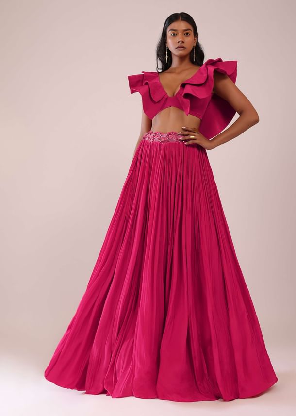 Rani Pink Hand Worked Lehenga And Blouse In Crepe With Embroidered Belt