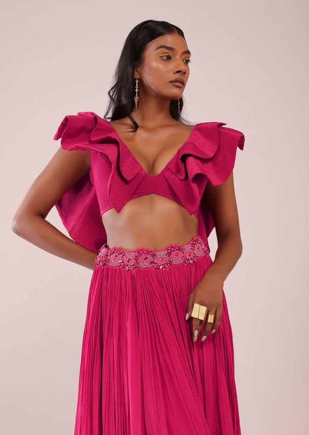 Rani Pink Hand Worked Lehenga And Blouse In Crepe With Embroidered Belt