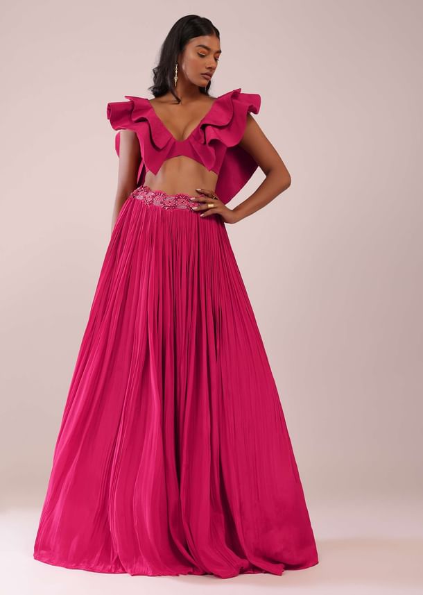 Rani Pink Hand Worked Lehenga And Blouse In Crepe With Embroidered Belt