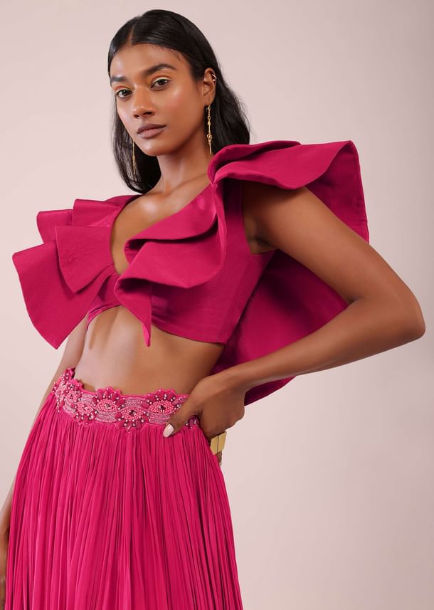 Rani Pink Hand Worked Lehenga And Blouse In Crepe With Embroidered Belt