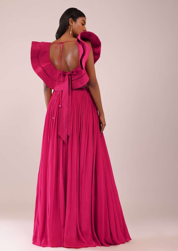 Rani Pink Hand Worked Lehenga And Blouse In Crepe With Embroidered Belt