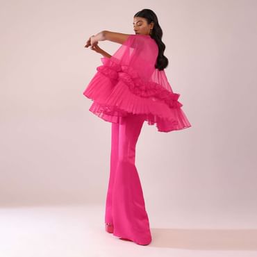 Rani Pink In Organza Frill Jacket & Pant Set With Bustier