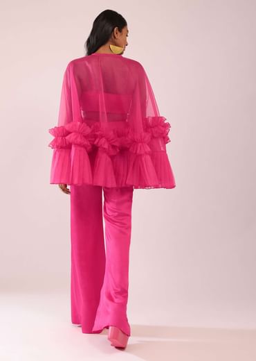 Rani Pink In Organza Frill Jacket & Pant Set With Bustier