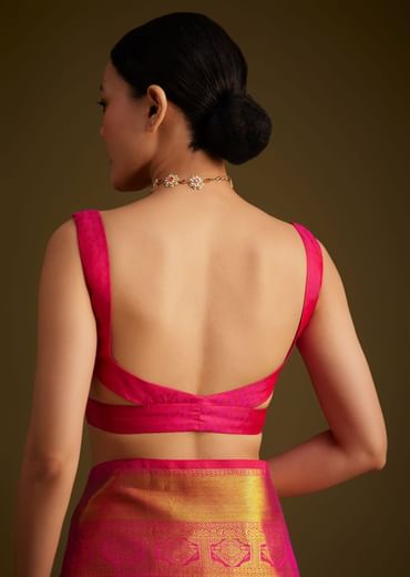 Rani Pink Kanjivaram Silk Saree With Golden Zari Border