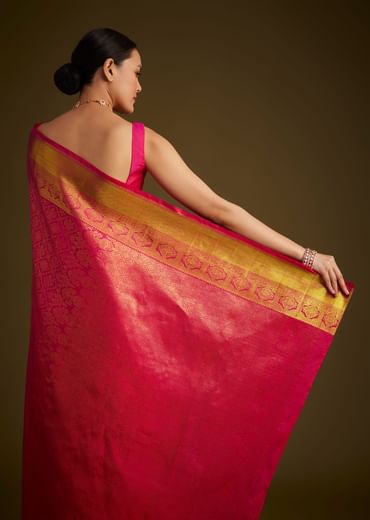 Rani Pink Kanjivaram Silk Saree With Golden Zari Border
