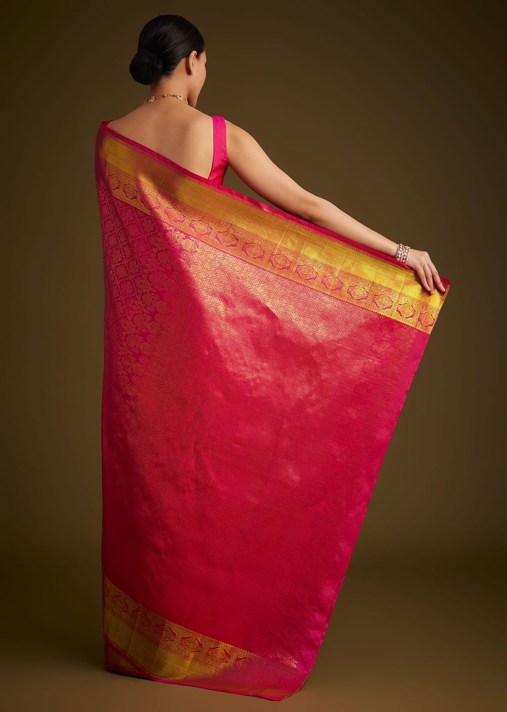 Rani Pink Kanjivaram Silk Saree With Golden Zari Border