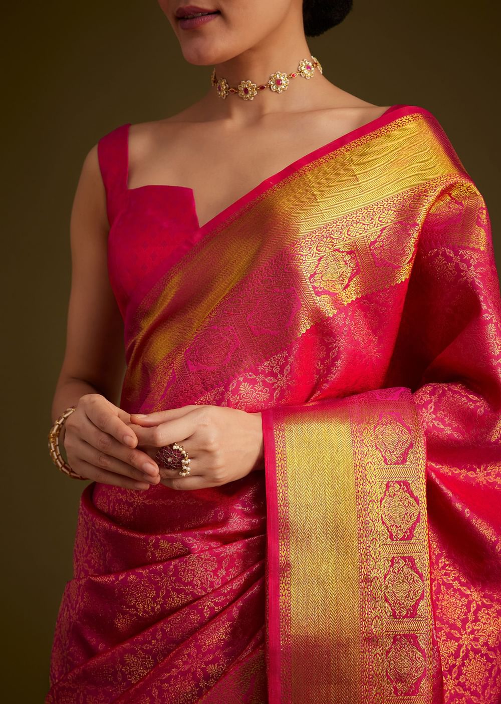 Rani Pink Kanjivaram Silk Saree With Golden Zari Border