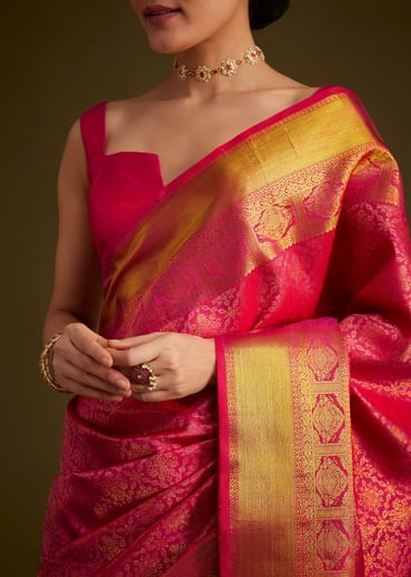 Rani Pink Kanjivaram Silk Saree With Golden Zari Border