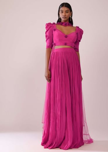 Rani Pink Lehenga And Blouse With Bishop Sleeves And hand Embroidered Brooch