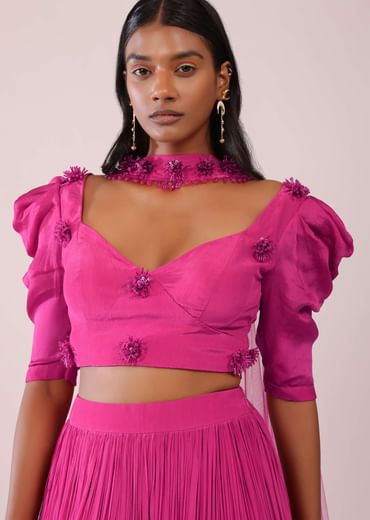 Rani Pink Lehenga And Blouse With Bishop Sleeves And hand Embroidered Brooch