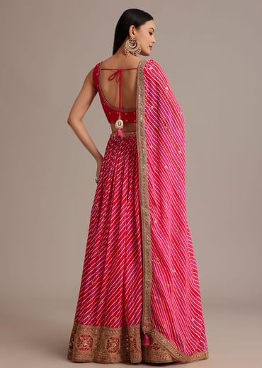 Rani Pink Leheriya Lehenga Set With Zardosi And Sequins Work