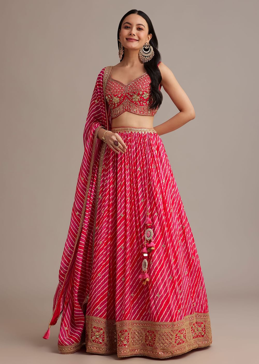 Rani Pink Leheriya Lehenga Set With Zardosi And Sequins Work