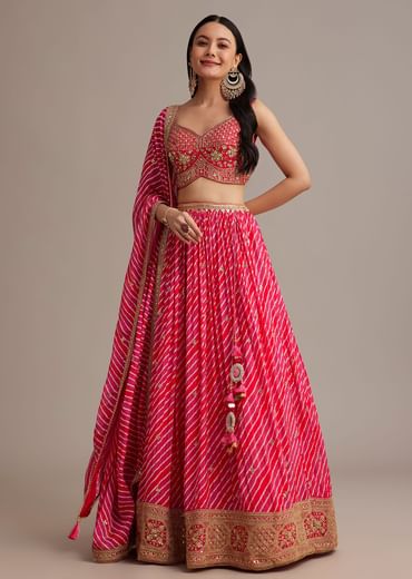Rani Pink Leheriya Lehenga Set With Zardosi And Sequins Work