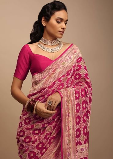 Rani Pink Saree In Georgette With Woven Geometric Jaal And Floral Border