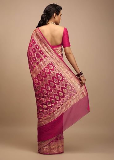 Rani Pink Saree In Georgette With Woven Geometric Jaal And Floral Border