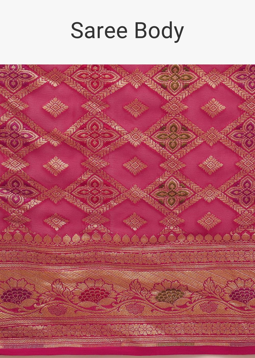 Rani Pink Saree In Georgette With Woven Geometric Jaal And Floral Border