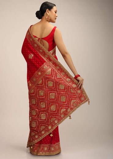 Red Saree In Silk With Brocade Geometric And Floral Design On The Pallu And Gotta Embroidery