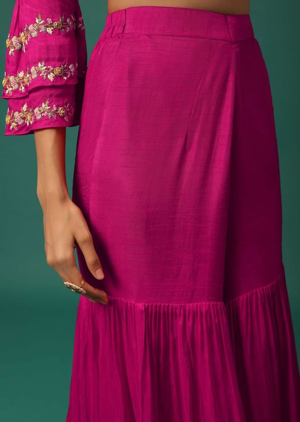 Rani Pink Sharara Suit Set In Silk With Floral Embroidery Rani Pink Sharara Suit Set In Silk With Floral Embroidery