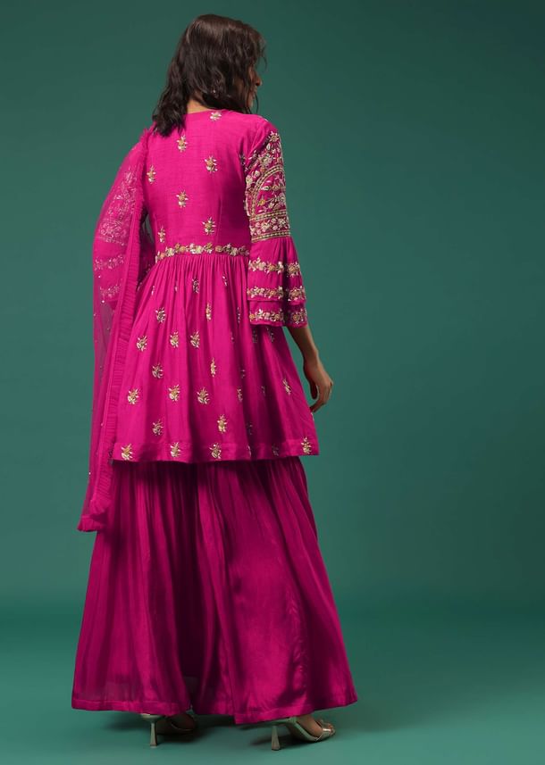 Rani Pink Sharara Suit Set In Silk With Floral Embroidery Rani Pink Sharara Suit Set In Silk With Floral Embroidery