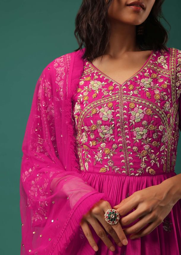 Rani Pink Sharara Suit Set In Silk With Floral Embroidery Rani Pink Sharara Suit Set In Silk With Floral Embroidery