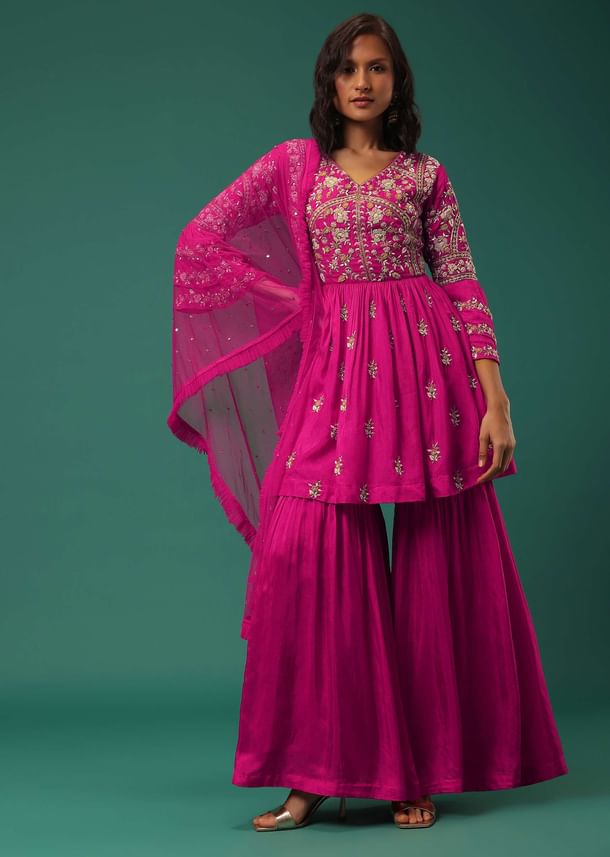 Rani Pink Sharara Suit Set In Silk With Floral Embroidery Rani Pink Sharara Suit Set In Silk With Floral Embroidery